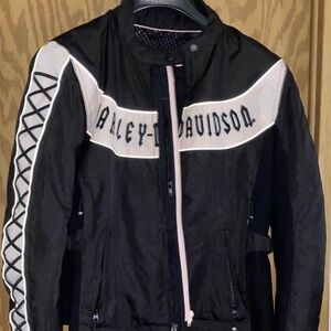 HARLEY DAVIDSON Size L Woman Moto Riding Jacket w/ Body Armor Rugged Black Pink
